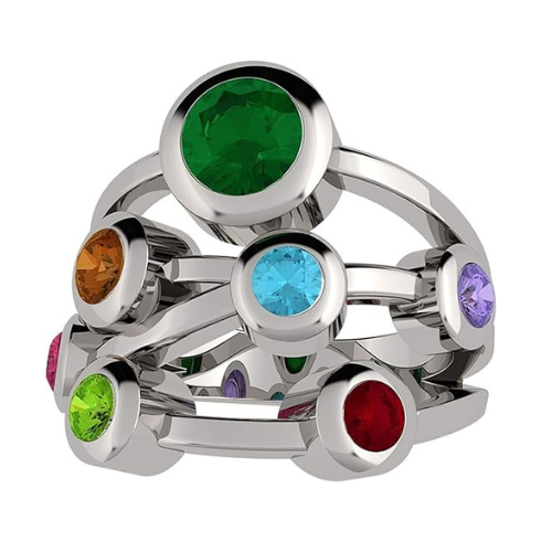 Central Diamond Center Bubble Mother's Ring with 1 to 7 Simulated Birthstones in Sterling Silver