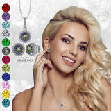 Central Diamond Center Round Halo Earring & Necklace Set w/ 6.5mm Simulated Birthstones in 925 Sterling Silver, Hypoallergenic