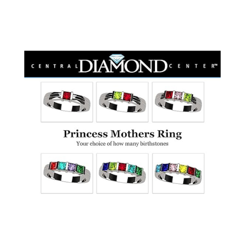 Central Diamond Center Princess Mothers Ring w/ 1 to 6 Simulated Birthstones in Sterling Silver, 10K or 14K Gold