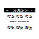Central Diamond Center Princess Mothers Ring w/ 1 to 6 Simulated Birthstones in Sterling Silver, 10K or 14K Gold