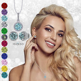 Central Diamond Center Round Halo Earring & Necklace Set w/ 6.5mm Simulated Birthstones in 925 Sterling Silver, Hypoallergenic