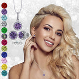 Central Diamond Center Round Halo Earring & Necklace Set w/ 6.5mm Simulated Birthstones in 925 Sterling Silver, Hypoallergenic
