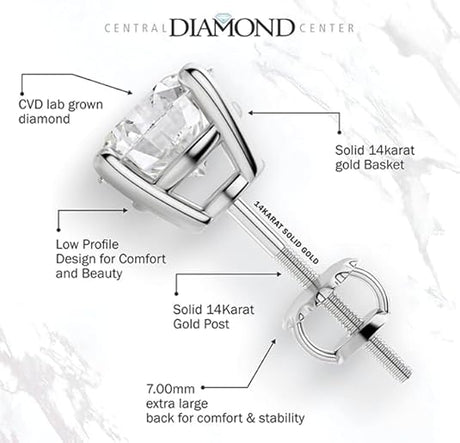 Central Diamond Center Round Cut CVD Lab-grown Diamond Stud Earrings 14K solid Gold from 0.20ct to 2.00ct E-F VS-SI