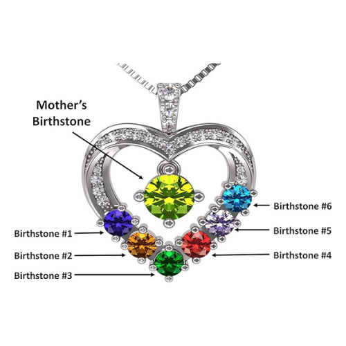 Central Diamond Center Mother & Child Heart Birthstone Necklace w/ 1-6 Simulated Gemstones in Sterling Silver, 10K, or 14K Gold