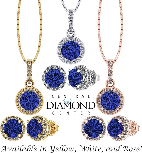 Central Diamond Center Round Halo Earring & Necklace Set w/ 6.5mm Simulated Birthstones in 925 Sterling Silver, Hypoallergenic