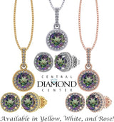 Central Diamond Center Round Halo Earring & Necklace Set w/ 6.5mm Simulated Birthstones in 925 Sterling Silver, Hypoallergenic