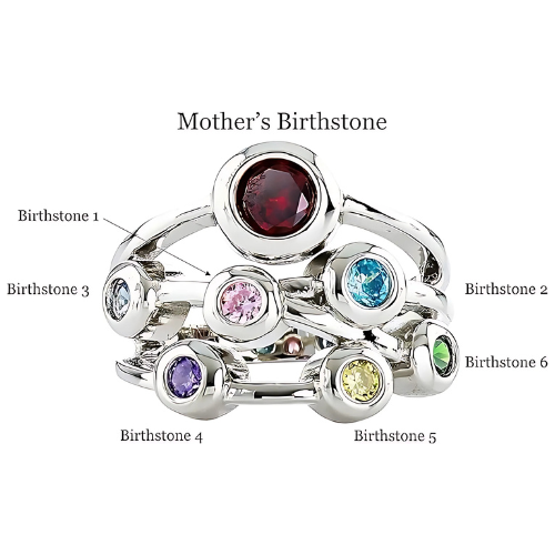 Central Diamond Center Bubble Mother's Ring with 1 to 7 Simulated Birthstones in Sterling Silver