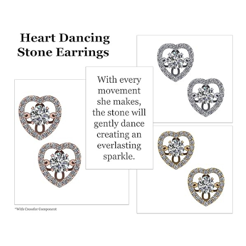 Central Diamond Center Heart Dancing Gemstone Earrings in Sterling Silver made w/ Pure Brilliance Zirconia