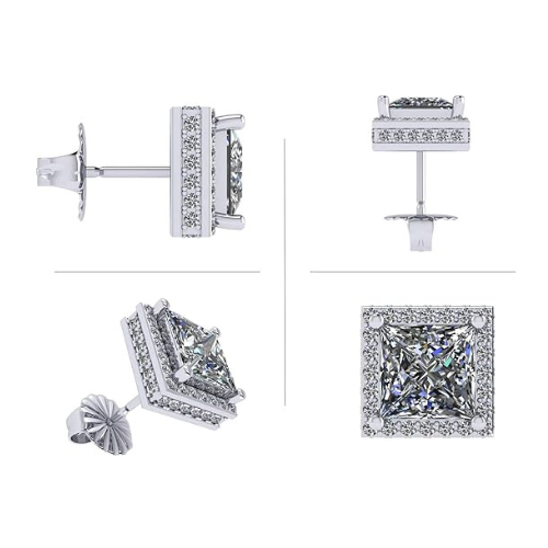 Princess Halo Earrings W/ Pure Brilliance Zirconia In Sterling Silver Mounting, Hypoallergenic