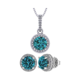 Central Diamond Center Round Halo Earring & Necklace Set w/ 6.5mm Simulated Birthstones in 925 Sterling Silver, Hypoallergenic