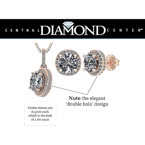 Central Diamond Center Round Halo Earring & Necklace Set w/ 6.5mm Simulated Birthstones in 925 Sterling Silver, Hypoallergenic