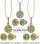 Central Diamond Center Round Halo Earring & Necklace Set w/ 6.5mm Simulated Birthstones in 925 Sterling Silver, Hypoallergenic