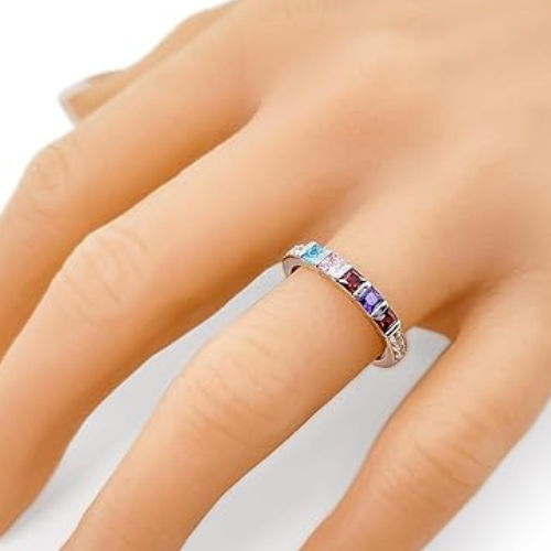 Central Diamond Center Princess w/Sides Mothers Rings with 1 to 6 Simulated Birthstones, Sterling Silver, 10K or 14K Gold