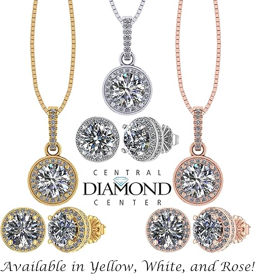 Central Diamond Center Round Halo Earring & Necklace Set w/ 6.5mm Simulated Birthstones in 925 Sterling Silver, Hypoallergenic
