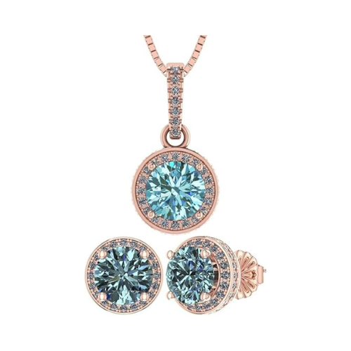 Central Diamond Center Round Halo Earring & Necklace Set w/ 6.5mm Simulated Birthstones in 925 Sterling Silver, Hypoallergenic