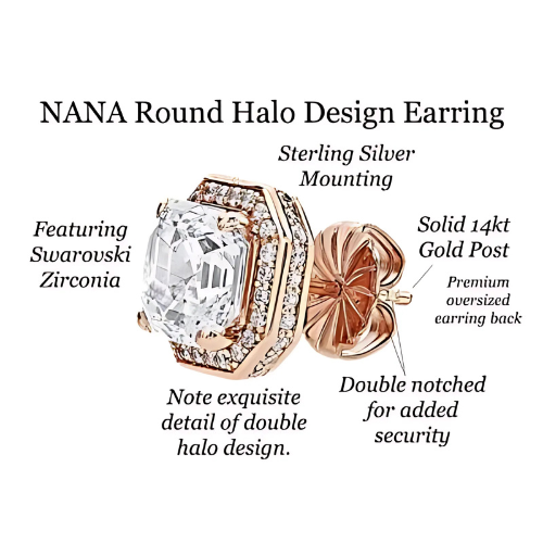 Asscher cut halo earring reflecting light on a dark background.
