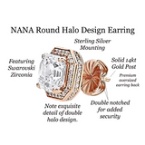 Asscher cut halo earring reflecting light on a dark background.