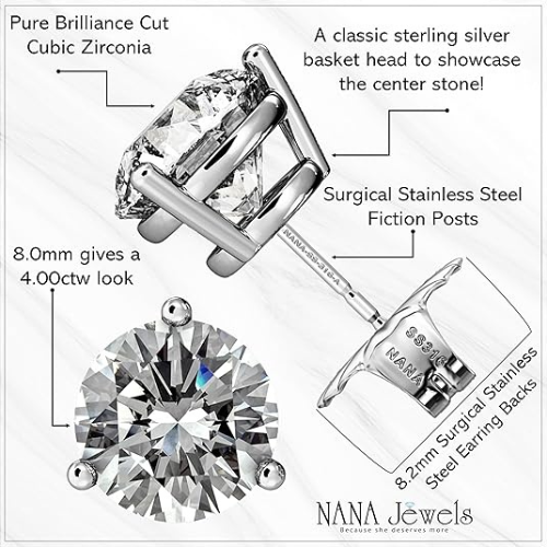 NANA Jewels Round Martini style Simulated Diamond Stud Earrings Silver & CZ 1.50ct-4.00ct Hypoallergenic