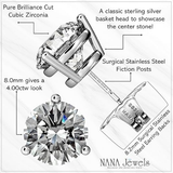 NANA Jewels Round Martini style Simulated Diamond Stud Earrings Silver & CZ 1.50ct-4.00ct Hypoallergenic