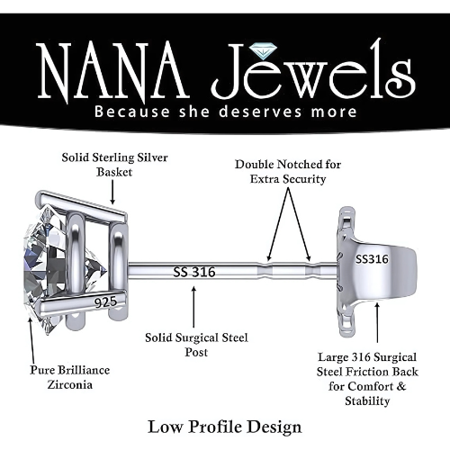 NANA Jewels Round Martini style Simulated Diamond Stud Earrings Silver & CZ 1.50ct-4.00ct Hypoallergenic