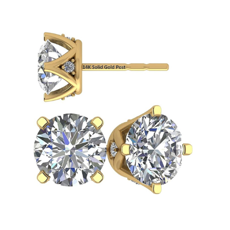Lucita Simulated Diamond Stud Earrings with Solid 14K Gold Posts & Sterling Silver Basket, 3 & 4 Prongs