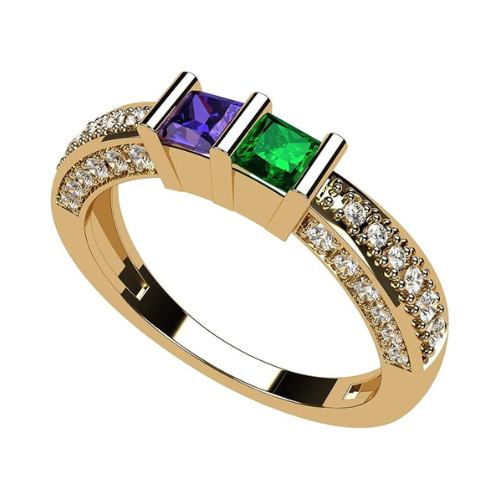 Central Diamond Center Princess Cut Birthstone Couples Ring w/CZs on 3 Sides, Sterling Silver, 10K, or 14K Gold