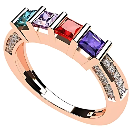 Central Diamond Center Princess Mothers Birthstone Ring w/Accent CZs on 3 Sides w/1-6 Simulated Gemstones in Silver, 10K or 14K Gold