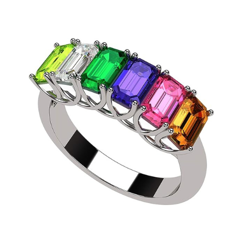 Central Diamond Center Emerald Cut Mothers Rings w/ 1 to 7 Simulated Birthstones in Sterling Silver, 10K or 14K Gold