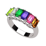 Central Diamond Center Emerald Cut Mothers Rings w/ 1 to 7 Simulated Birthstones in Sterling Silver, 10K or 14K Gold