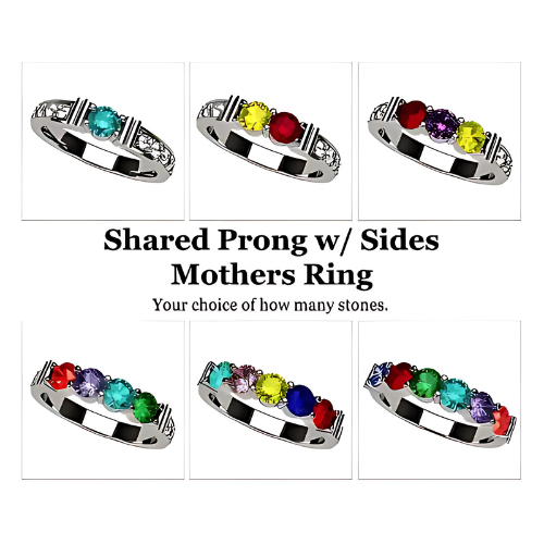 Central Diamond Center Shared Prong w/ Sides Mothers Birthstone Ring w/ 1-6 Simulated Gemstones in Sterling Silver, 10K, or 14K Gold