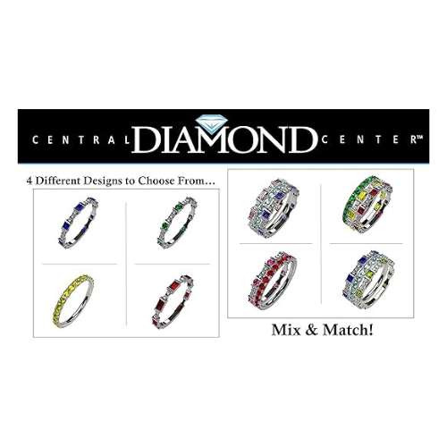 Central Diamond Center Baguette Stackable Birthstone Ring Band w/ Simulated Birthstones, Sterling Silver