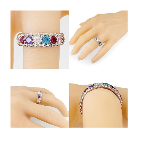 Central Diamond Center Rope Mothers Birthstone Ring with 1 to 10 Simulated Birthstones, Sterling Silver, 10K or 14K Gold