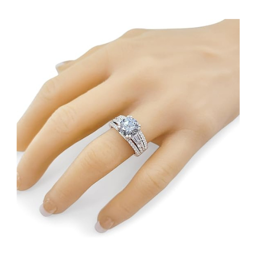 3.00 Carat Simulate Diamond Engagement Ring-Round & Baguette 5.00ct twt-Platinum Plated Sterling Silver