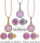 Central Diamond Center Round Halo Earring & Necklace Set w/ 6.5mm Simulated Birthstones in 925 Sterling Silver, Hypoallergenic