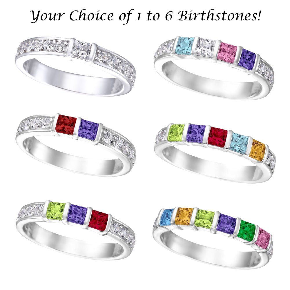 Central Diamond Center Princess w/Sides Mothers Rings with 1 to 6 Simulated Birthstones, Sterling Silver, 10K or 14K Gold