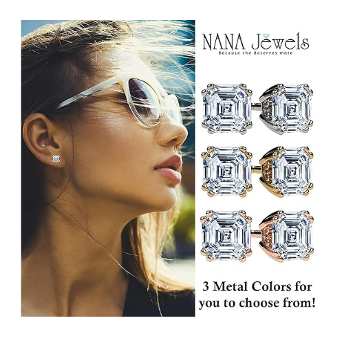 Nana Jewels Sterling Silver Asscher-Cut Pure Brilliance Zirconia Stud Earrings,(0.75 to 4 Cttw) Hypoallergenic