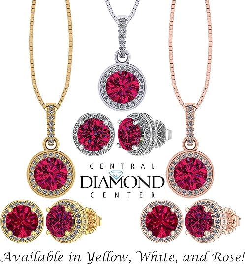 Central Diamond Center Round Halo Earring & Necklace Set w/ 6.5mm Simulated Birthstones in 925 Sterling Silver, Hypoallergenic