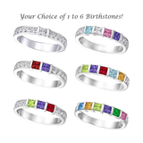 Central Diamond Center Princess w/Sides Mothers Rings with 1 to 6 Simulated Birthstones, Sterling Silver, 10K or 14K Gold