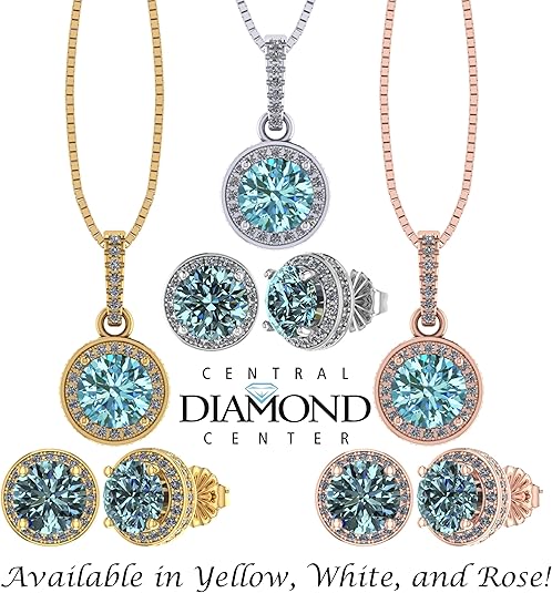 Central Diamond Center Round Halo Earring & Necklace Set w/ 6.5mm Simulated Birthstones in 925 Sterling Silver, Hypoallergenic