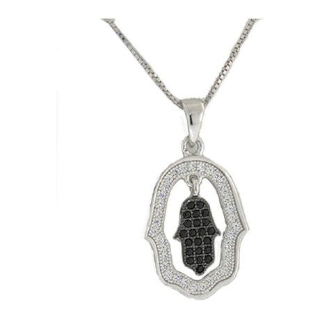 Central Diamond Center Simulated Diamonds Halo Hamsa Pendant Sterling Silver and box chain