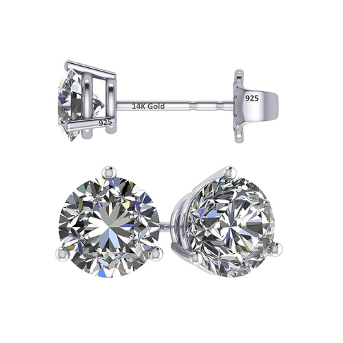 14K Gold Post & Sterling Silver Pure Brilliance Zirconia 3 Prong Martini Style Stud Earrings 1.0ct to 4ct