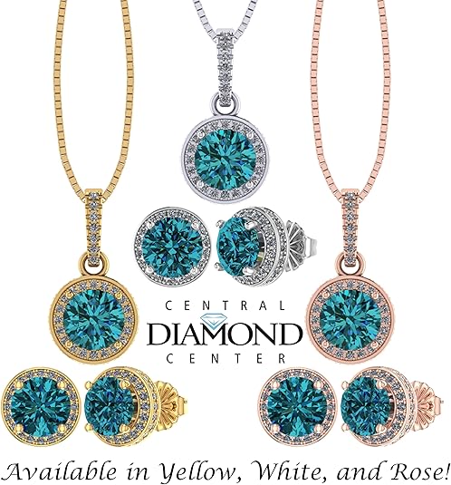 Central Diamond Center Round Halo Earring & Necklace Set w/ 6.5mm Simulated Birthstones in 925 Sterling Silver, Hypoallergenic