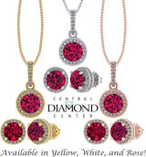 Central Diamond Center Round Halo Earring & Necklace Set w/ 6.5mm Simulated Birthstones in 925 Sterling Silver, Hypoallergenic