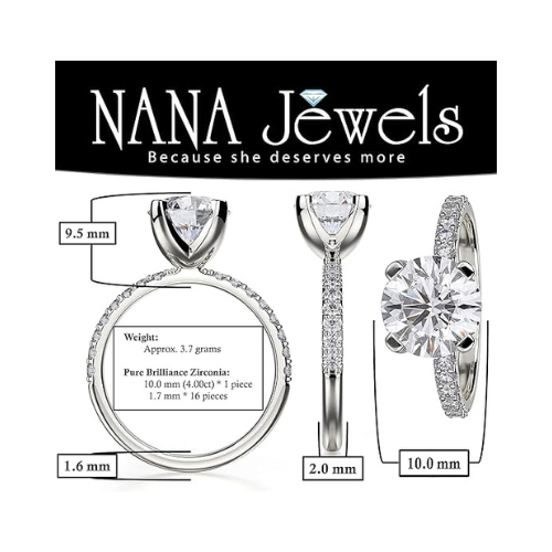 NANA Jewels 1.00ct to 4.00ct Simulated Diamond Engagement Ring Round Solitaire Sterling Silver 10k-14k