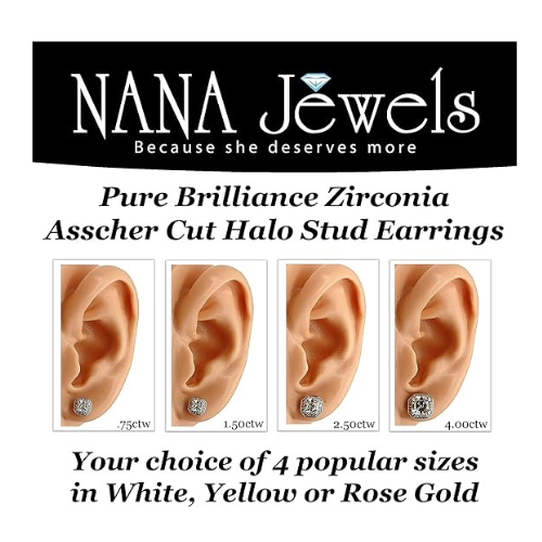 14K Solid Gold Post & Sterling Silver Asscher Cut Halo CZ Stud Earrings 0.80-4.00cttw Cubic Zirconia