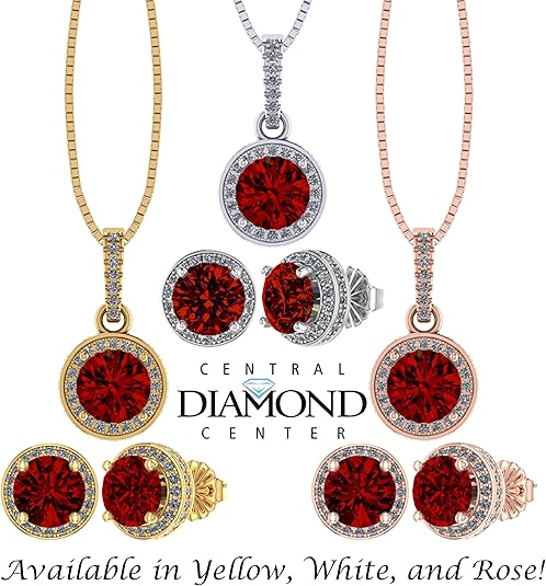 Central Diamond Center Round Halo Earring & Necklace Set w/ 6.5mm Simulated Birthstones in 925 Sterling Silver, Hypoallergenic