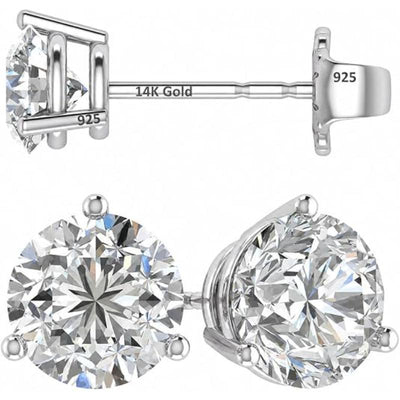 14K Gold Post & Sterling Silver Pure Brilliance Zirconia 3 Prong Martini Style Stud Earrings 1.0ct to 4ct