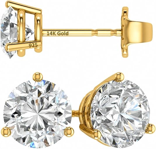 14K Gold Post & Sterling Silver Pure Brilliance Zirconia 3 Prong Martini Style Stud Earrings 1.0ct to 4ct
