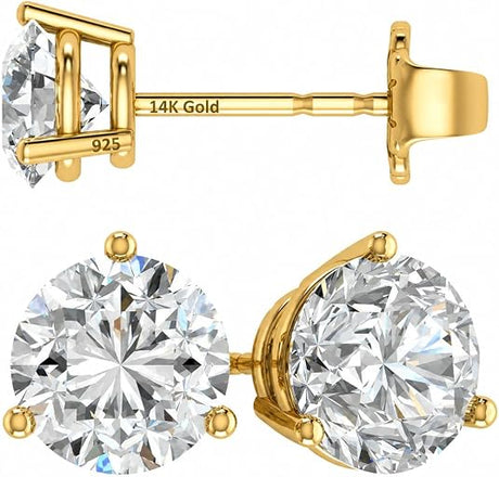 14K Gold Post & Sterling Silver Pure Brilliance Zirconia 3 Prong Martini Style Stud Earrings 1.0ct to 4ct
