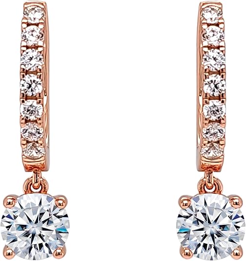 Central Diamond Center Sterling Silver Hoop Earrings with Round-Cut Simulated Diamond Dangle – 2.5 CTW CZ, Prong Set, Elegant Drop Hoops for Women
